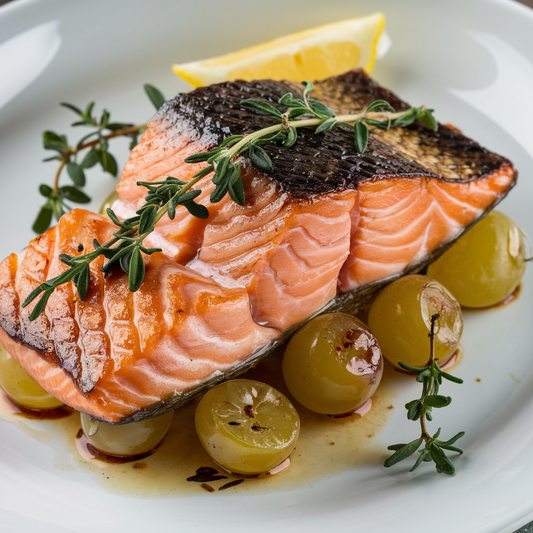 Seared Salmon with Roasted Grapes & Thyme Infusion recipe