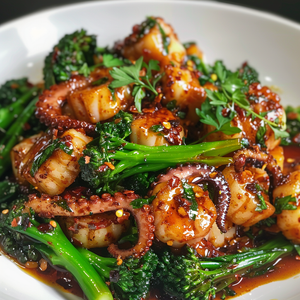 Citrus-Spiced Baby Octopus with Crunchy Broccolini Recipe