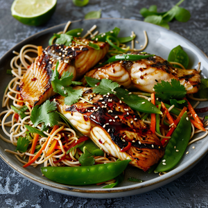 Ginger-Soy Kingfish with Noodle and Snow Pea Salad Recipe