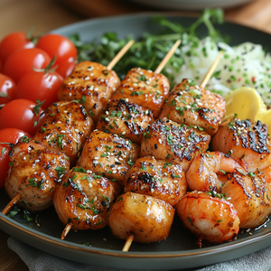 Sesame Ginger Salmon, Tuna & Prawn Skewers