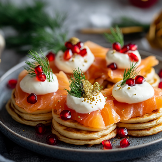 Christmas Spelt Blini with Hot-Smoked Salmon and Festive Crème Fraîche Recipe