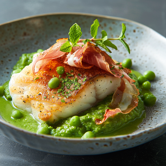 Seared Cod with Crispy Prosciutto and Minted Pea Puree Recipe