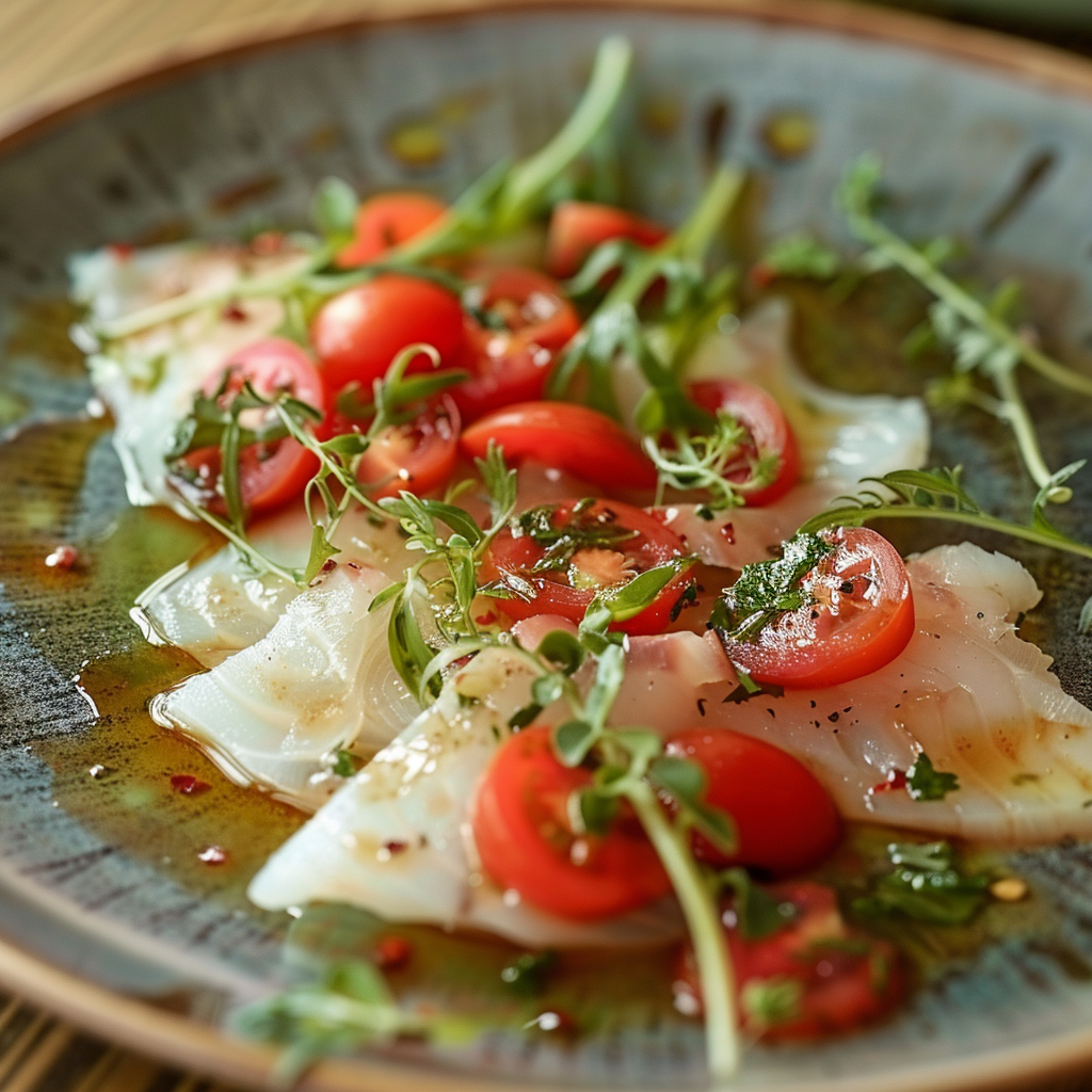 Rustic Cod Sashimi with Chicory and Tomato Salad Recipe