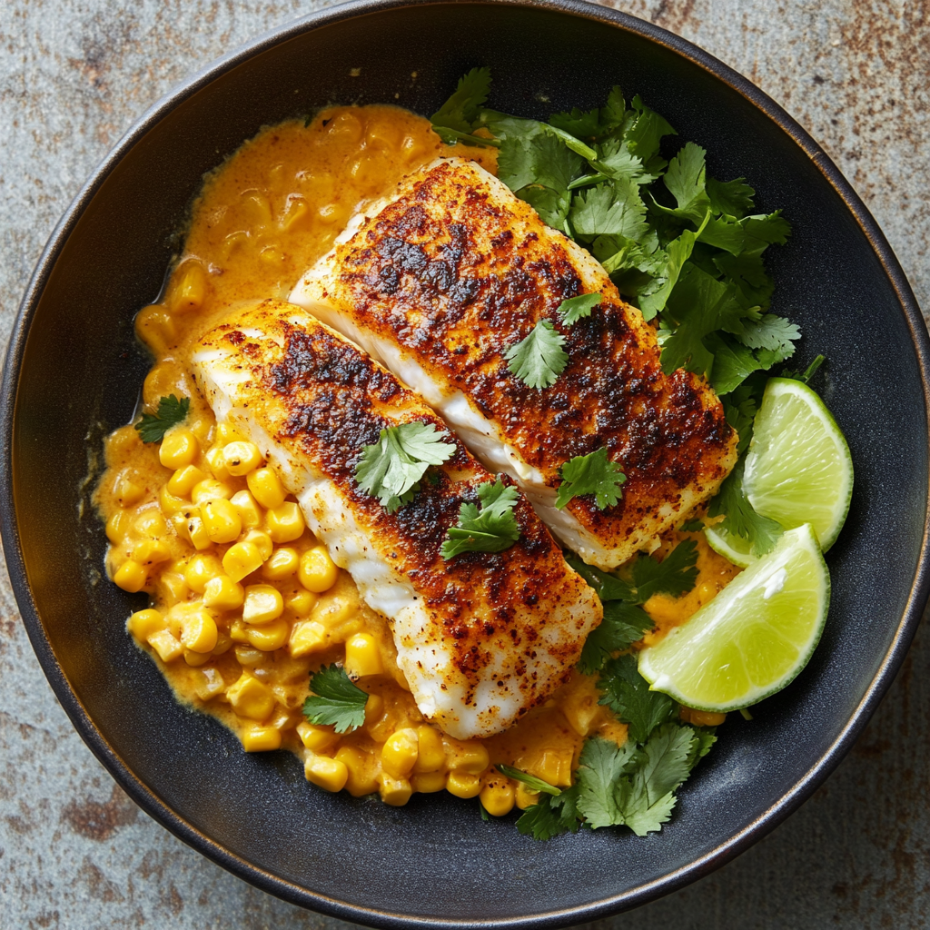 Jerk-Spiced Cod with Creamed Corn Delight Recipe