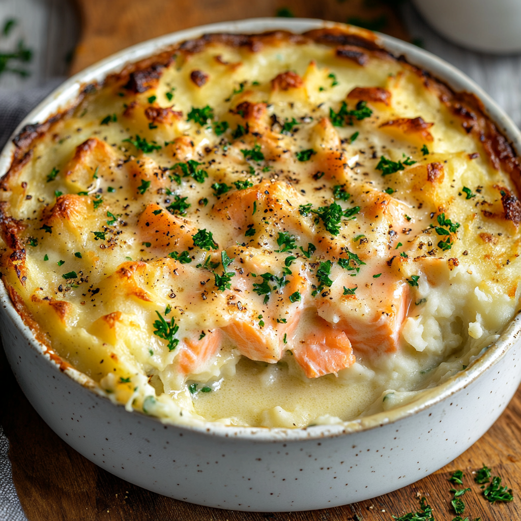 Creamy Cod and Salmon Pie with Cheesy Potato Topping Recipe