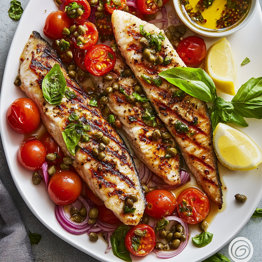 Grilled Garfish with Tomato, Caper & Basil Salad Recipe