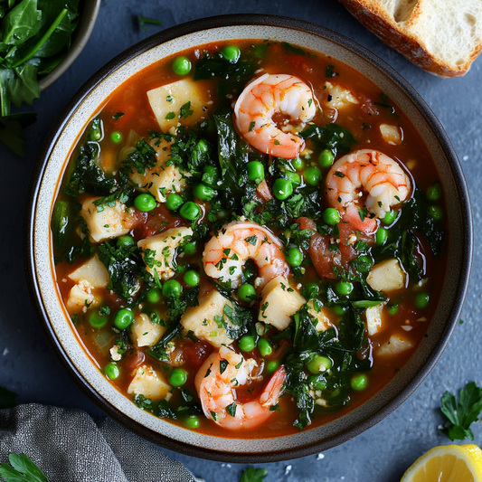 Spring Vegetable Minestrone with Lemon Garlic Prawns