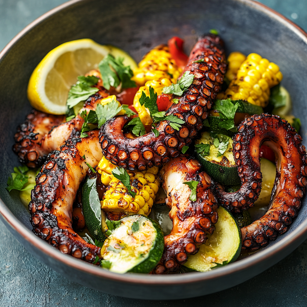 Grilled Octopus with Smoky Vegetable Medley Recipe