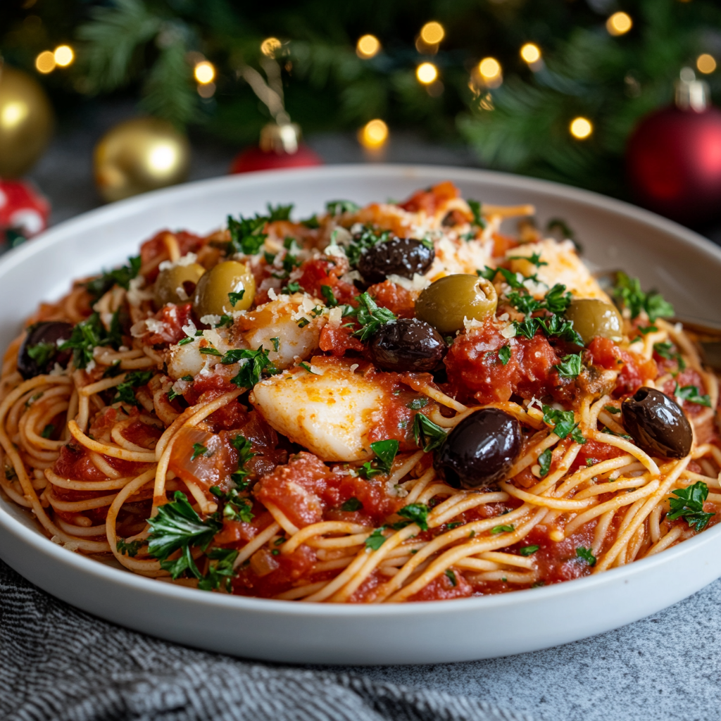 Cod Spaghetti with Tomato-Olive Sauce Recipe