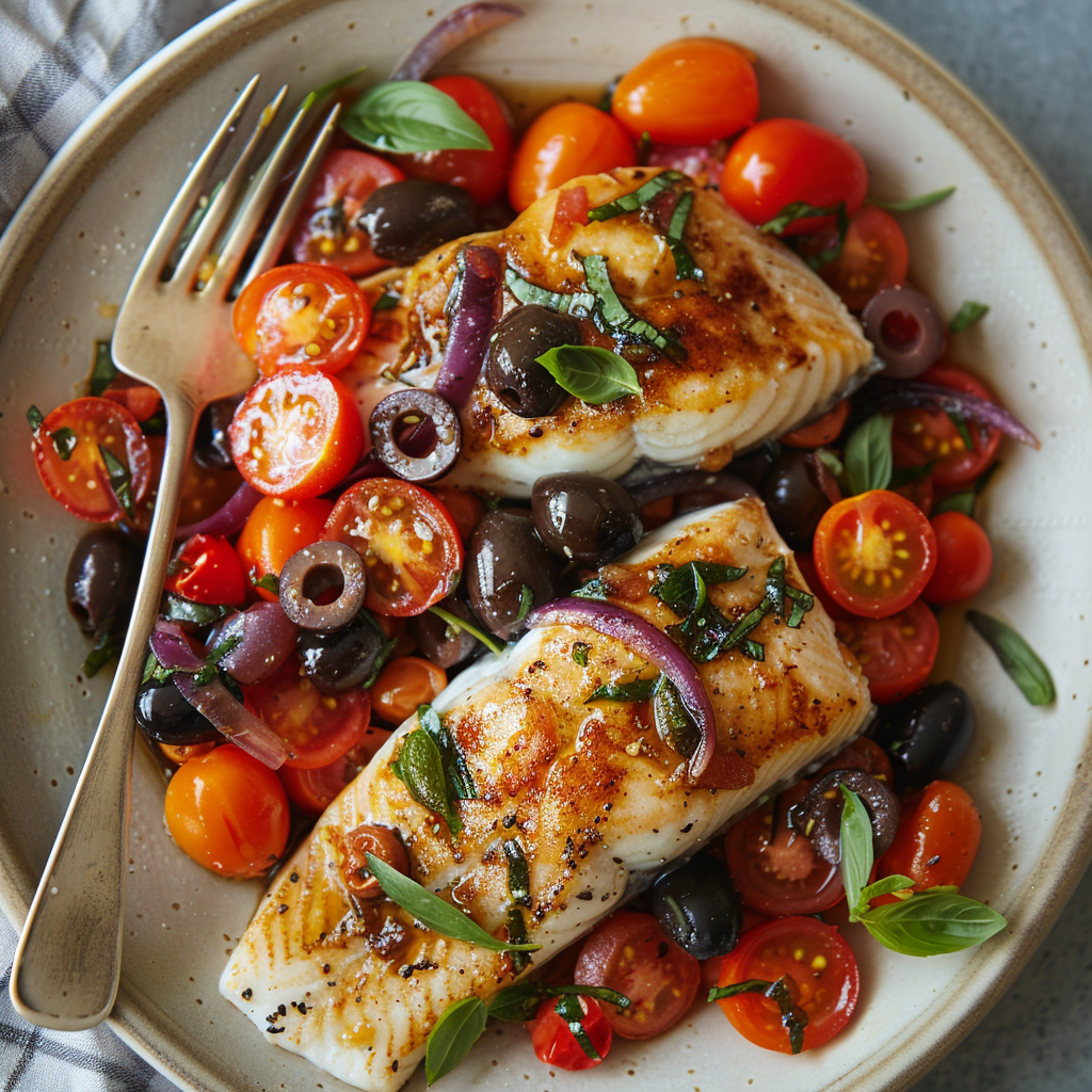 Pan-Fried Ling with Tomato and Olive Medley Recipe