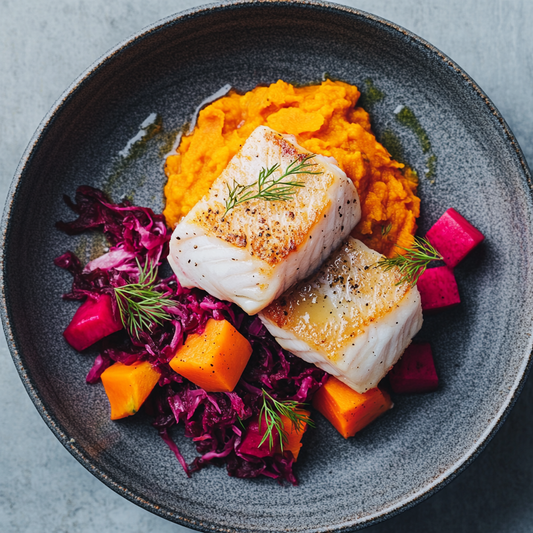 Pink Ling with Butternut Purée and Beetroot Sauerkraut Recipe