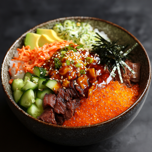 Tobiko Rice Bowl with Savoury Toppings  Recipe