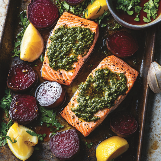 Pesto-Roasted Salmon with Honey-Glazed Beets Recipe