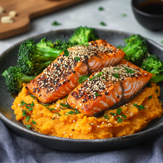 Sesame Crusted Salmon with Broccoli and Sweet Potato Mash Recipe