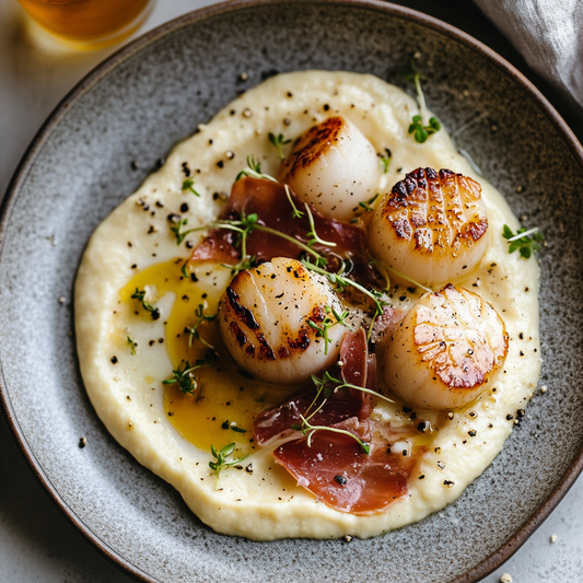 Pan-Seared Scallops with Artichoke Purée, Crispy Prosciutto, and Citrus Drizzle Recipe