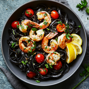 Squid Ink Pasta with Chilli Garlic Prawns and Lemon Zest Recipe