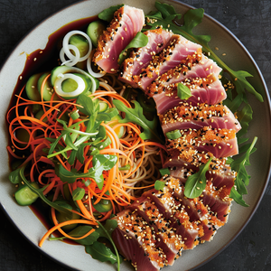 Sesame-Encrusted Tuna with Carrot Noodle Salad Recipe