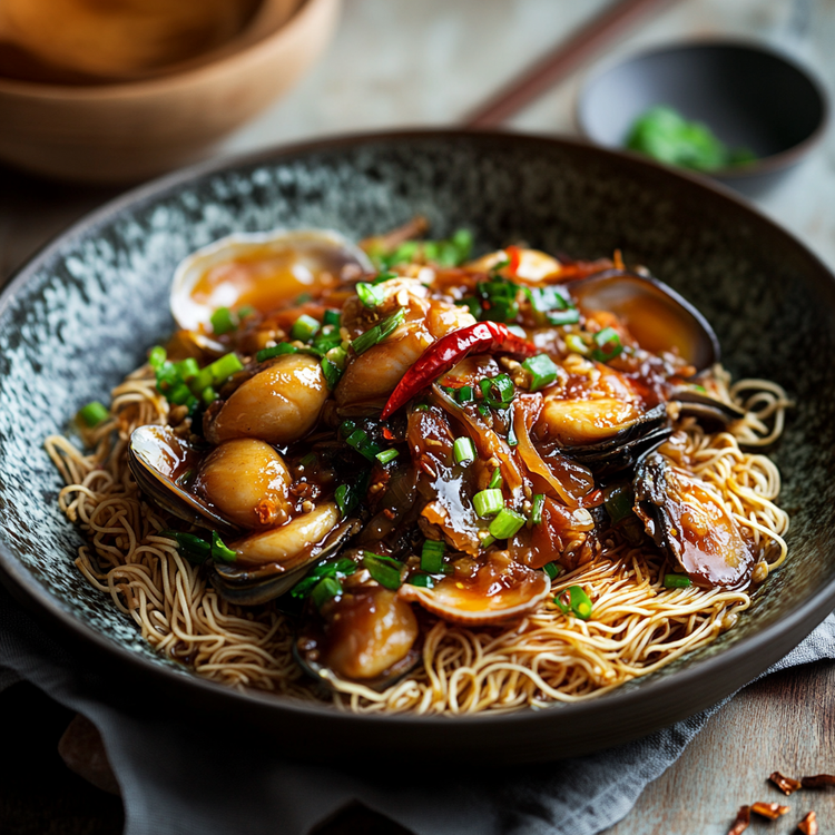 Pipis in XO Sauce with Crispy Noodles Recipe Getfish Seafood