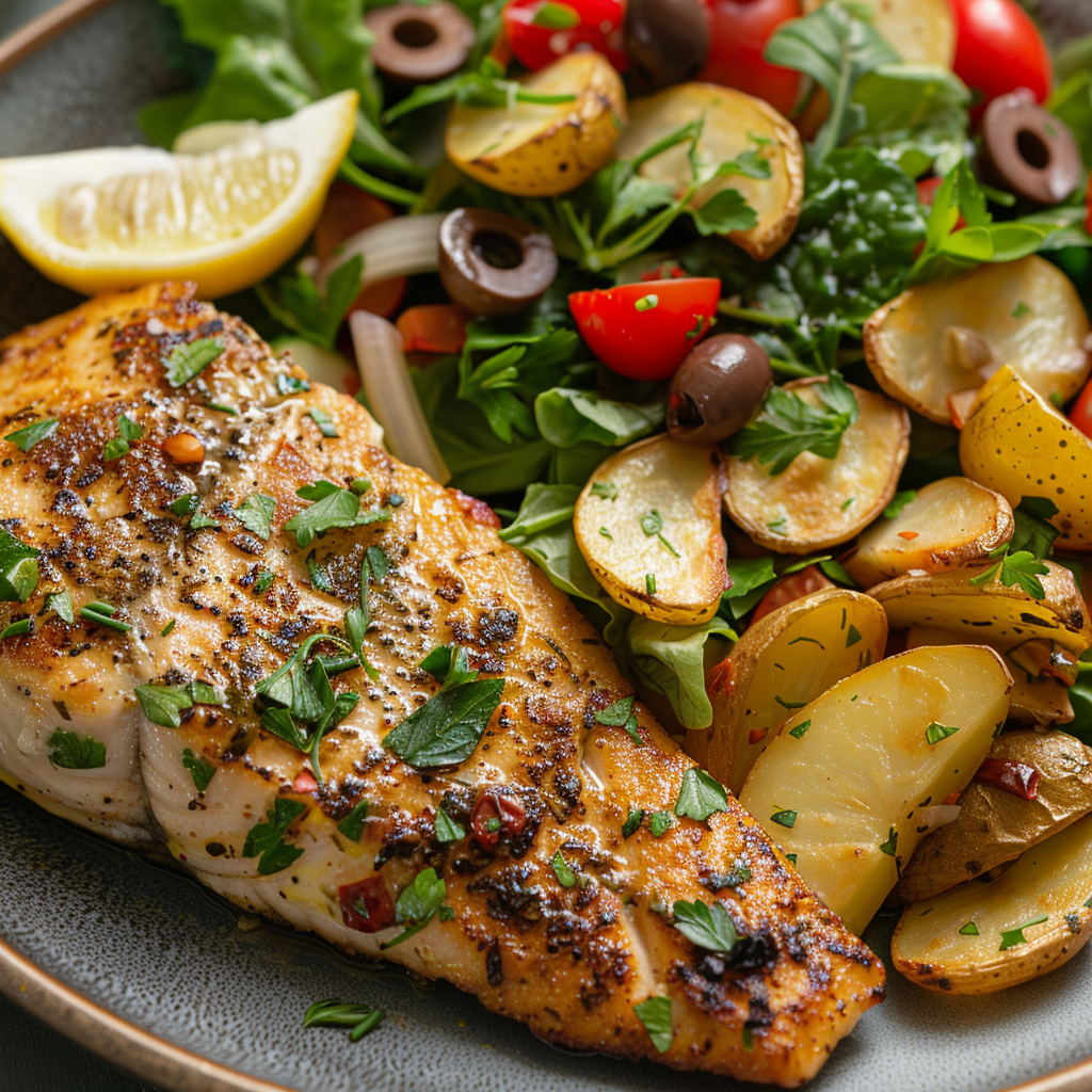 Mediterranean Basa with Herb Salad and Crispy Potatoes Recipe