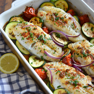 Mediterranean Baked Flounder with Aromatic Vegetables Recipe