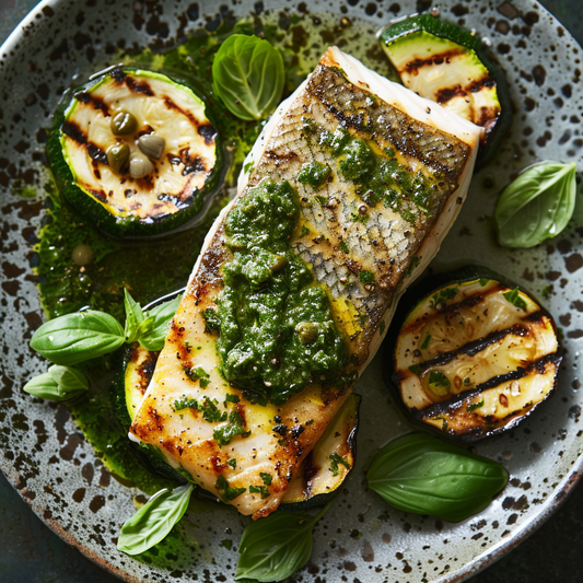 Grilled Kingfish with Herbaceous Green Sauce and Charred Zucchini Recipe