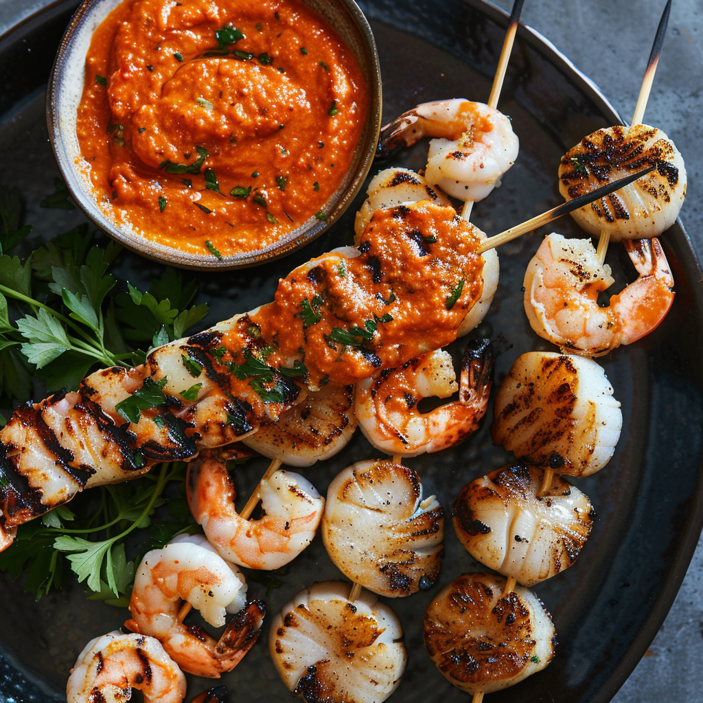 Grilled Seafood Skewers with Smoky Romesco Recipe