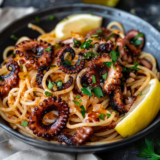 Spaghetti with Charred Baby Octopus in Smoked Garlic Sauce Recipe