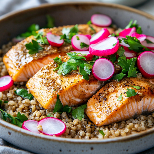 Indonesian-Spiced Salmon with Freekeh & Marinated Radishes Recipe