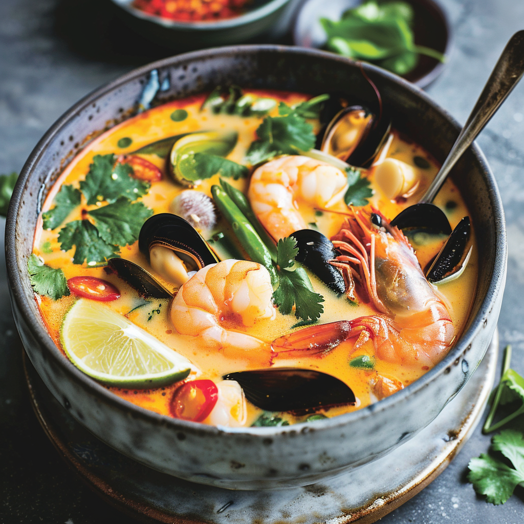 Savoury Thai Seafood Soup with Coconut and Lime Recipe