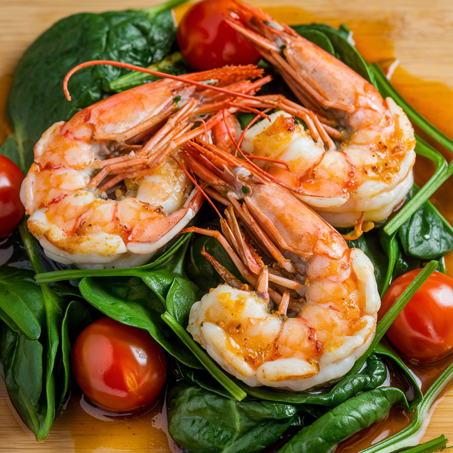 Golden Sautéed Prawns with Baby Spinach