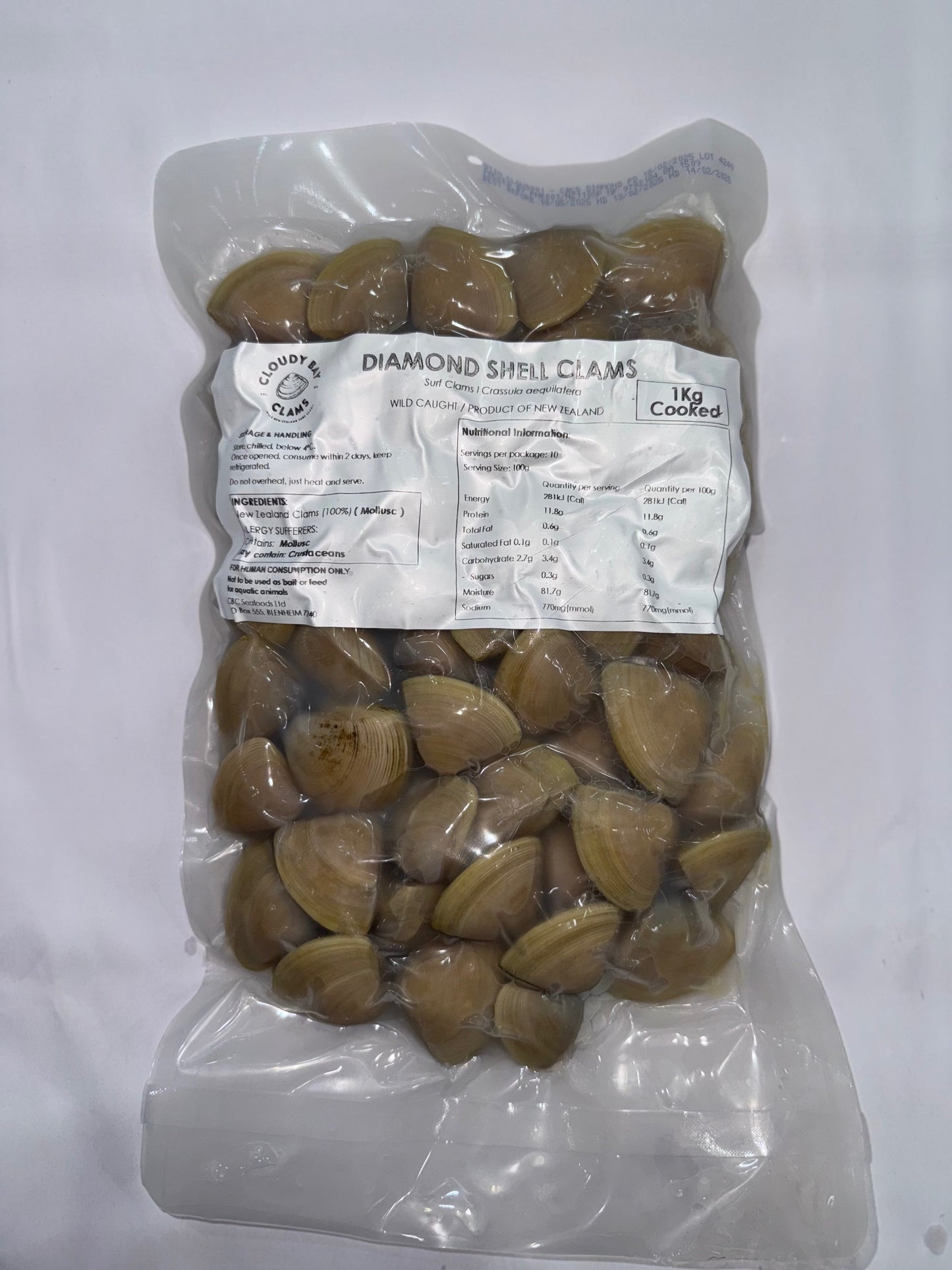 Packaged Cloudy Bay Diamond Shell Clams cooked