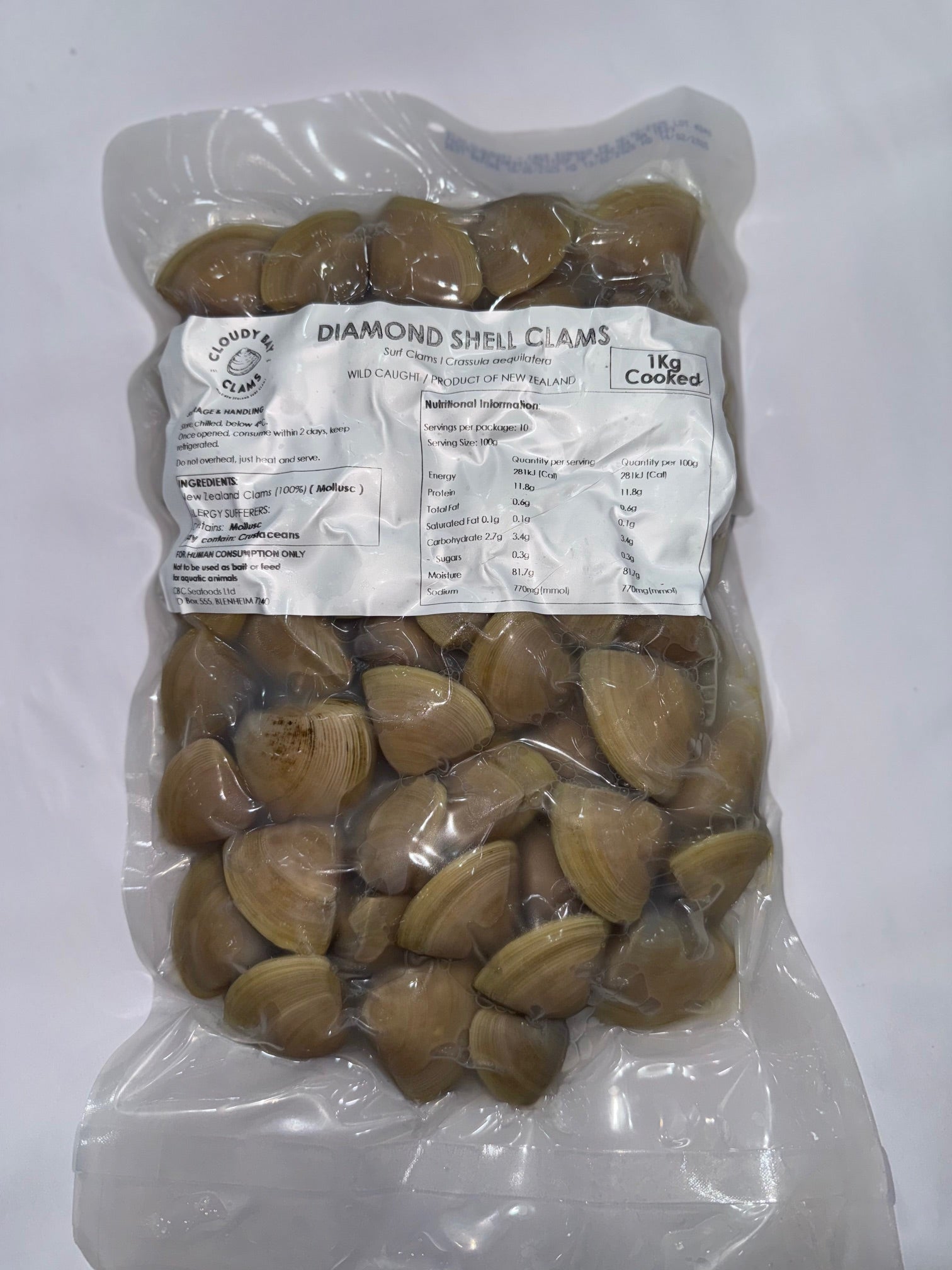 Packaged Cloudy Bay Diamond Shell Clams cooked