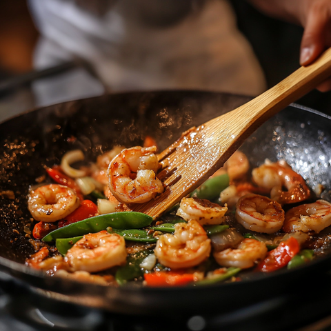 Stir-fry the prawns and vegetables