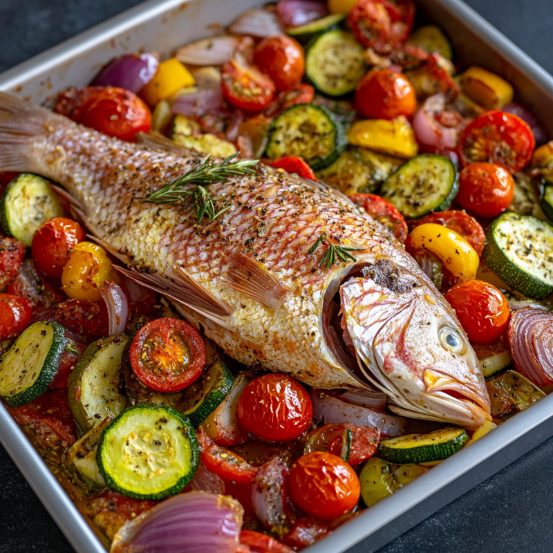 Mediterranean-Style Roasted Snapper with Garlic and Vegetables Recipe ...