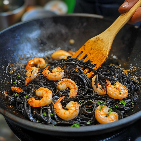 Combine the pasta and prawns