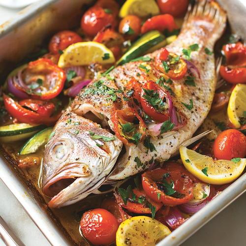3 Snapper Mediterranean-Style Roasted Snapper with Garlic and Vegetables Recipe ...