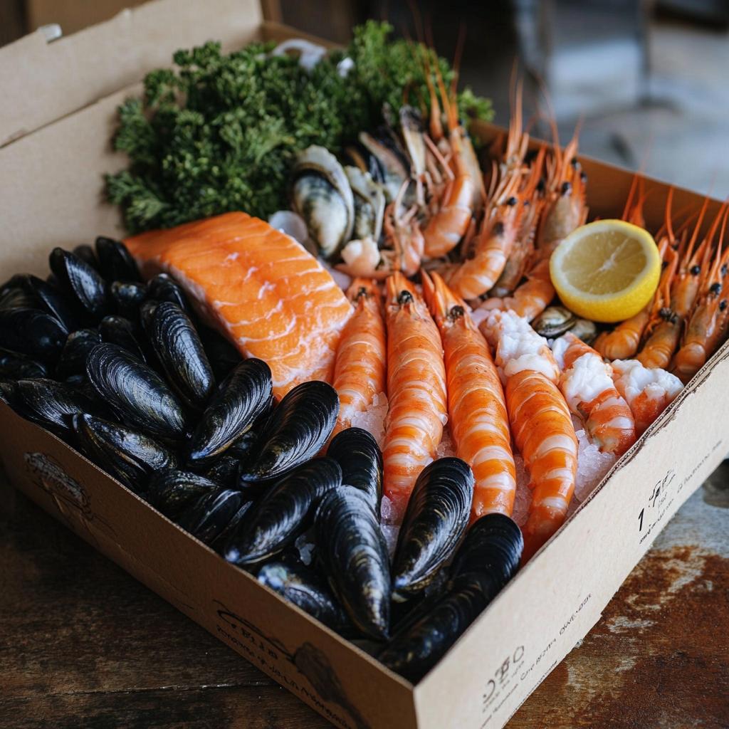 Dinner Party Mixed Seafood Box with Tasmanian Salmon, Tiger Prawns, Sydney Rock Oysters, Black Mussels